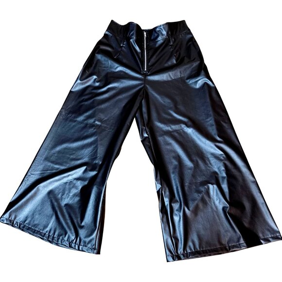 Womans faux leather minimalist officecore casual wide leg palazzo black pant S-M - Picture 1 of 9